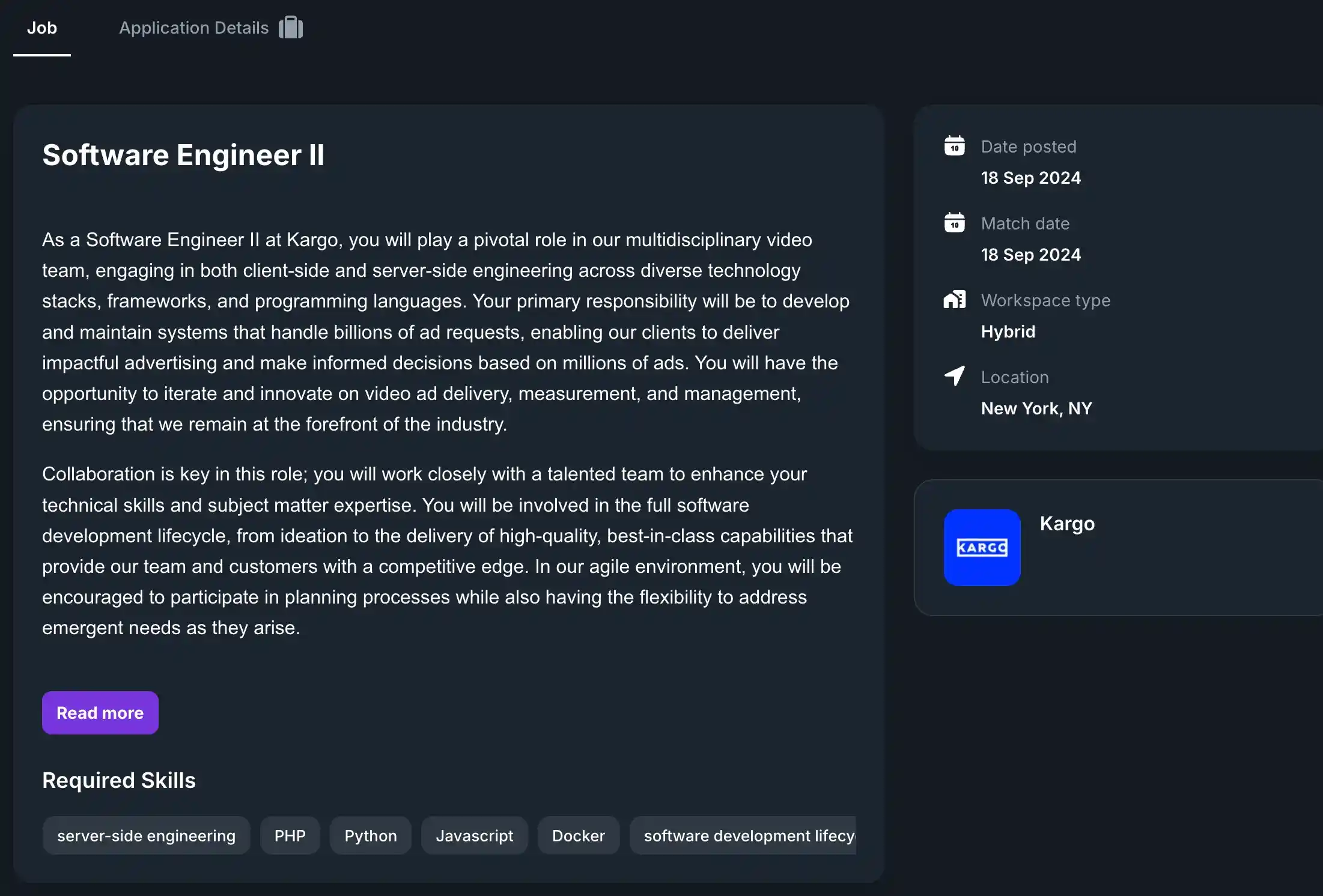 Matched Job Details page