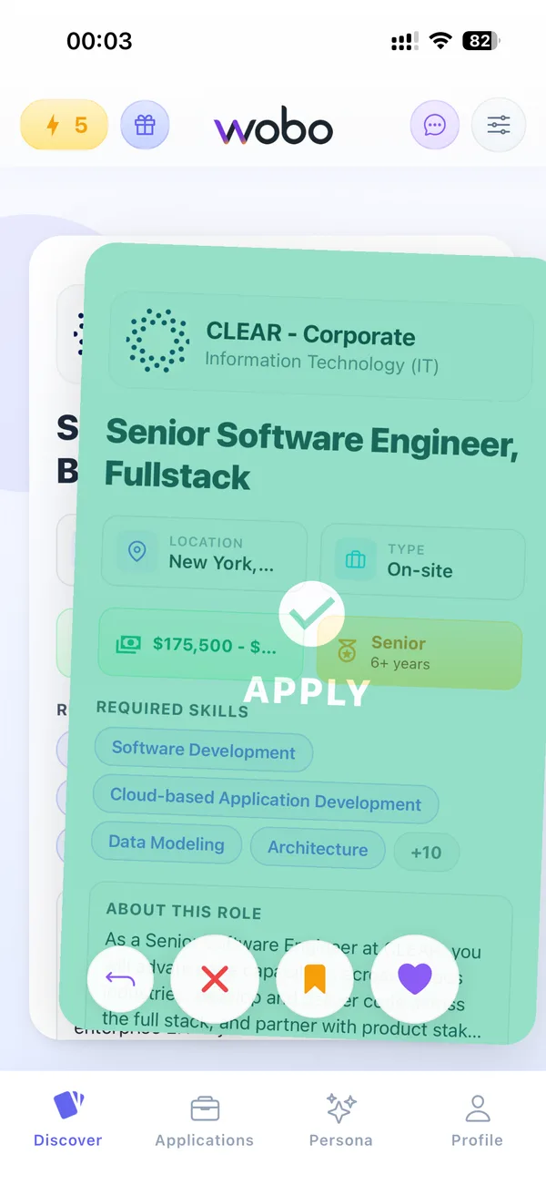 Wobo mobile app showing job card with swipe-to-apply — Senior Software Engineer role at CLEAR with salary, location, and required skills